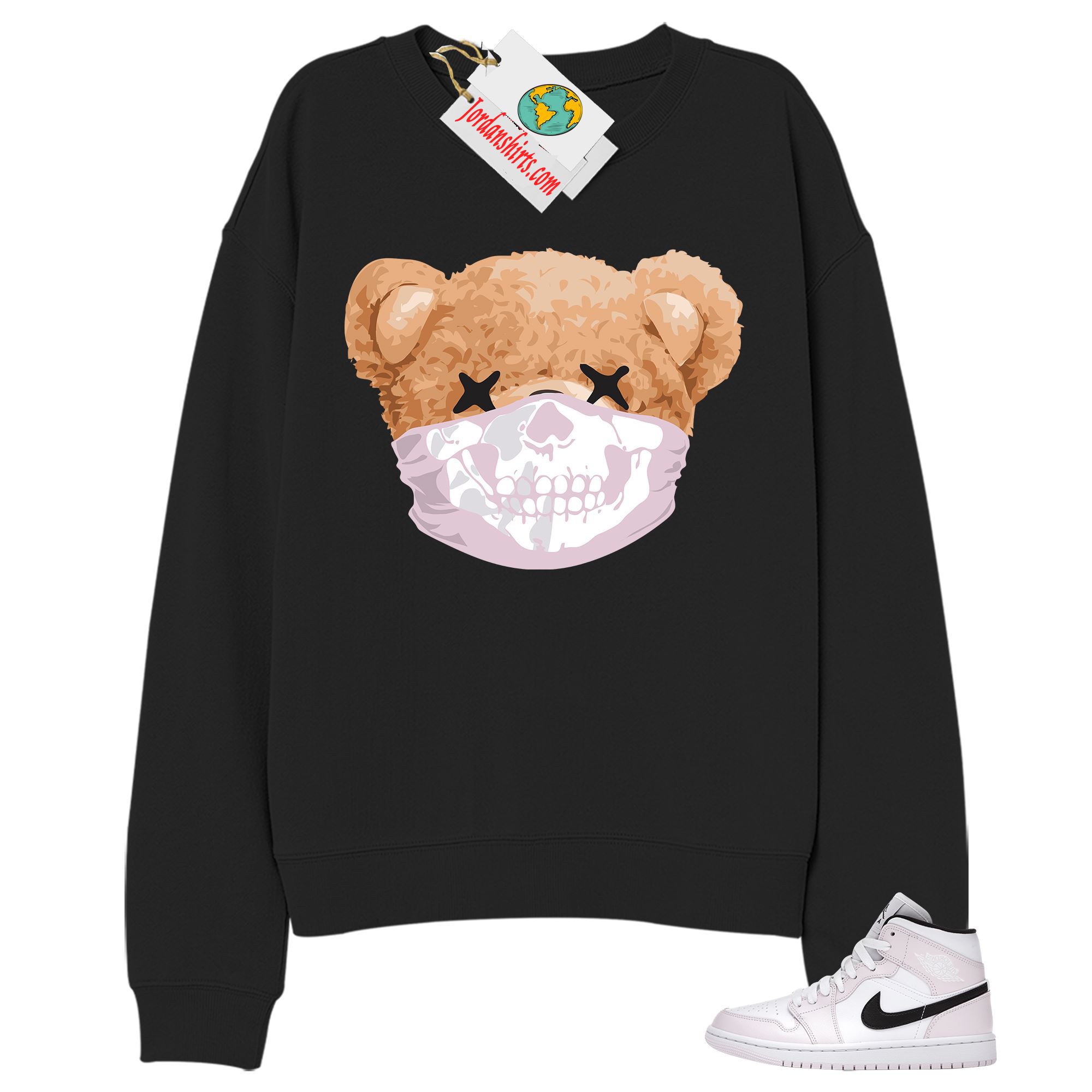 Jordan 1 Sweatshirt, Teddy Bear Skull Bandana Black Sweatshirt Air Jordan 1 Barely Rose 1s Full Size Up To 5xl