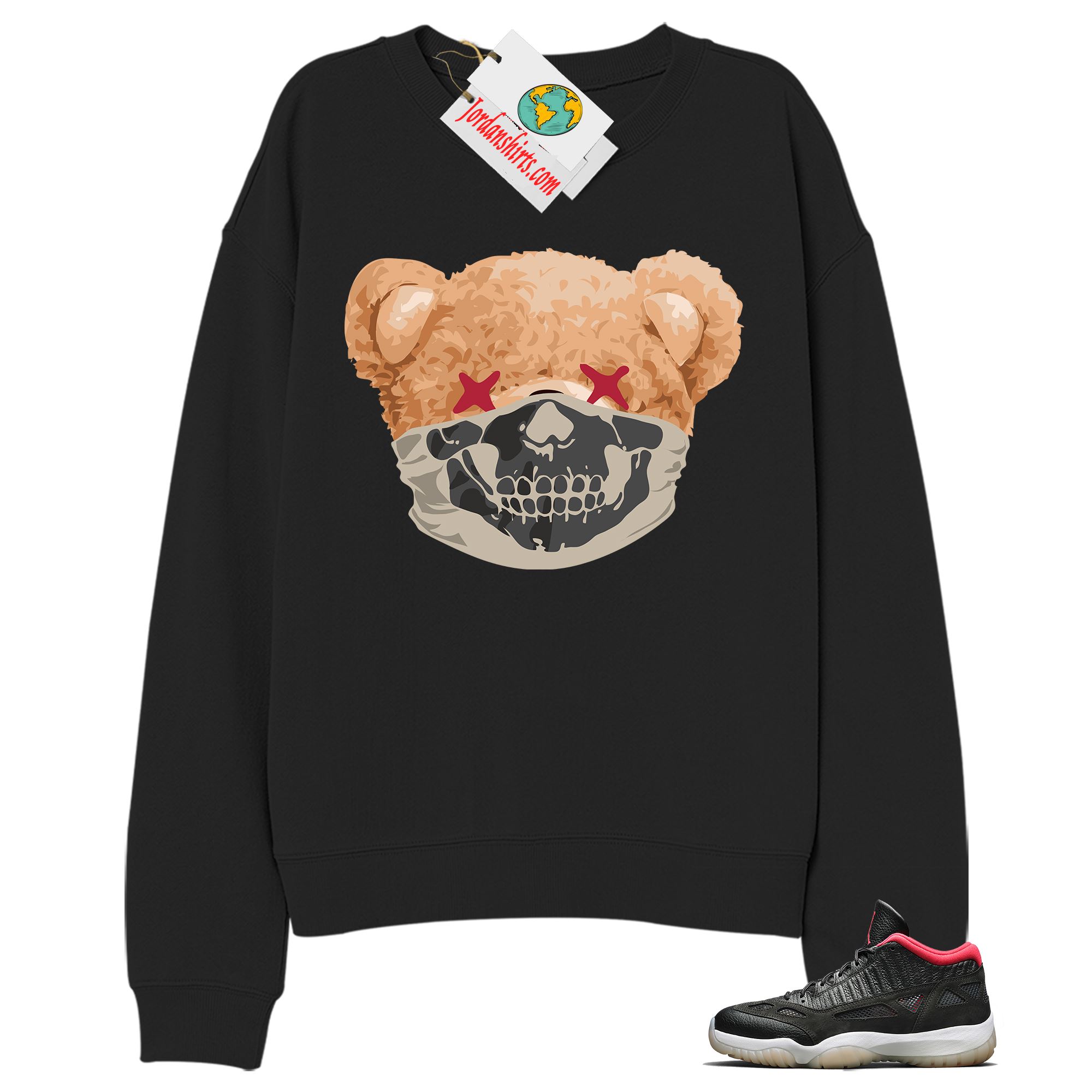 Jordan 11 Sweatshirt, Teddy Bear Skull Bandana Black Sweatshirt Air Jordan 11 Bred 11s Full Size Up To 5xl