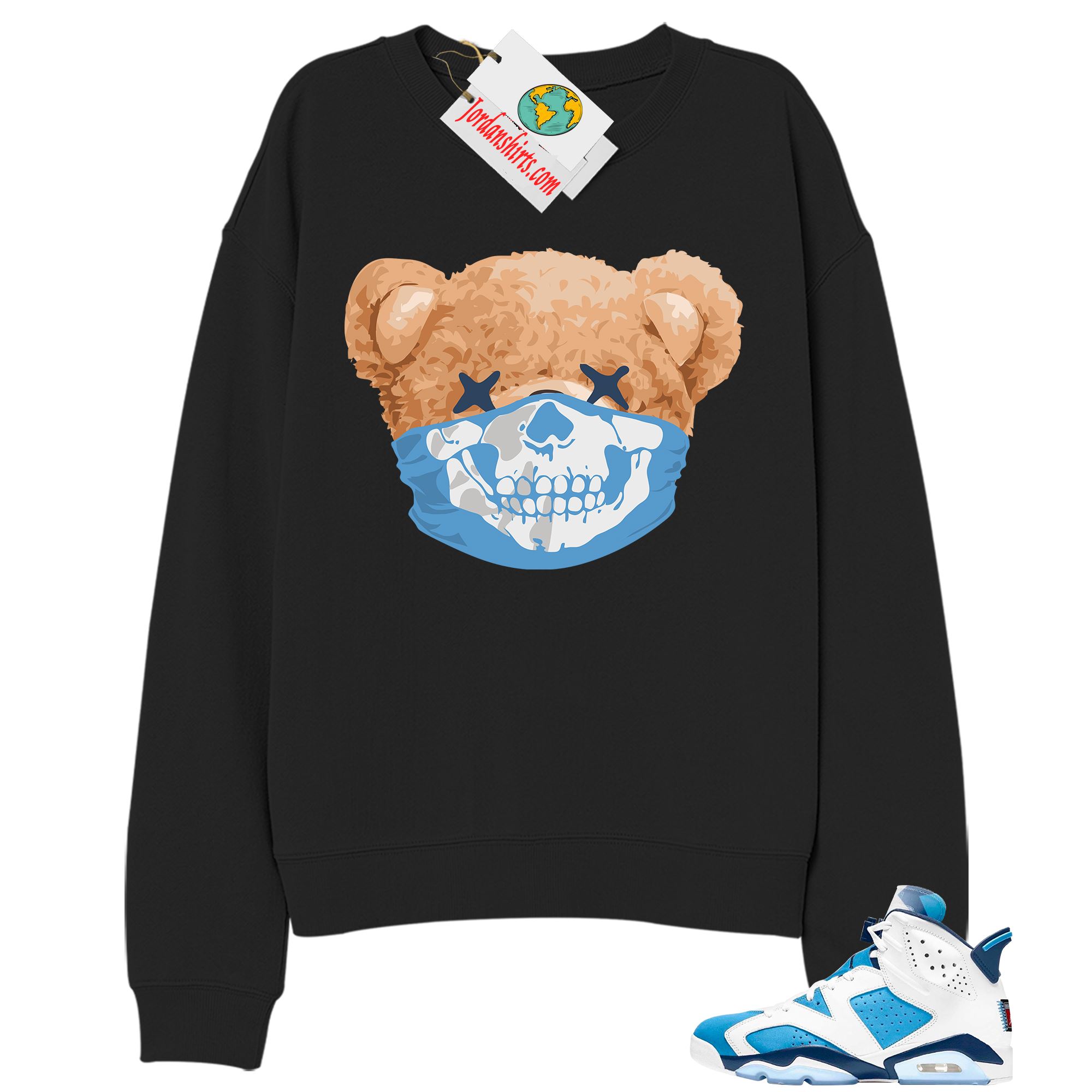 Jordan 6 Sweatshirt, Teddy Bear Skull Bandana Black Sweatshirt Air Jordan 6 Unc 6s Size Up To 5xl