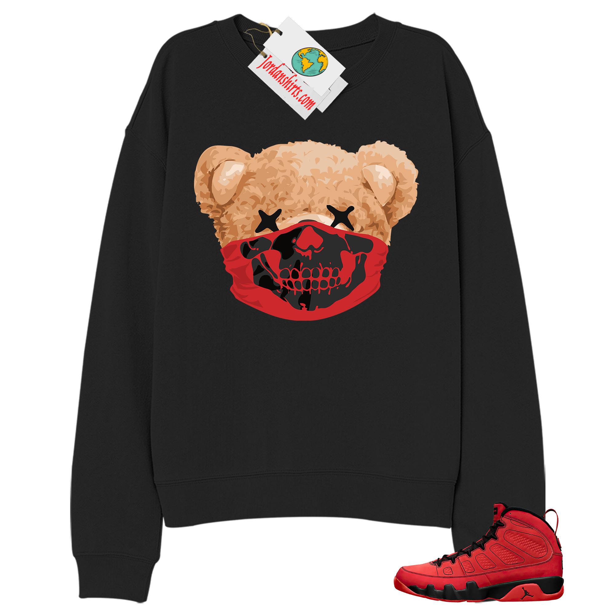 Jordan 9 Sweatshirt, Teddy Bear Skull Bandana Black Sweatshirt Air Jordan 9 Chile Red 9s Size Up To 5xl