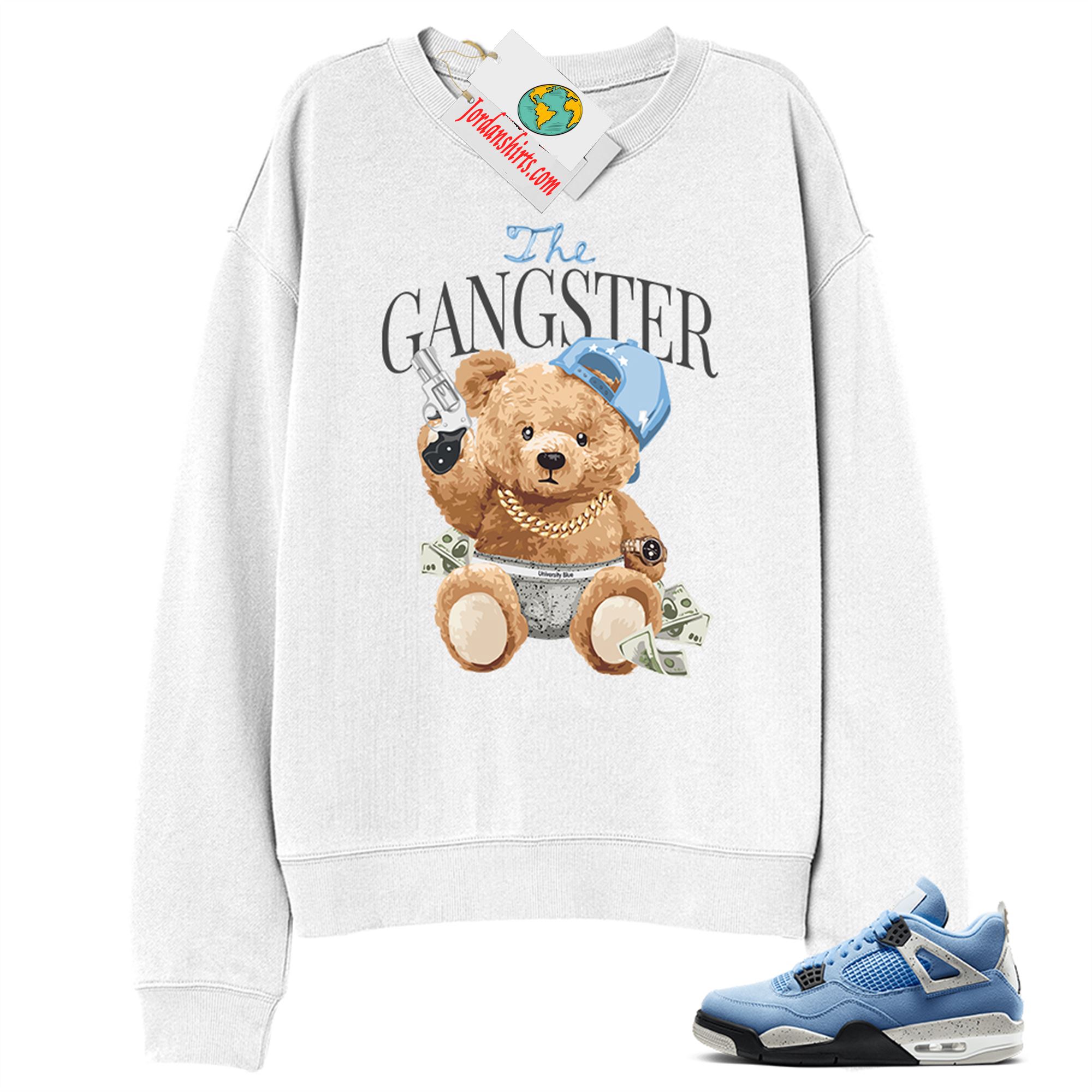Jordan 4 Sweatshirt, Teddy Bear The Gangster White Sweatshirt Air Jordan 4 University Blue 4s Plus Size Up To 5xl