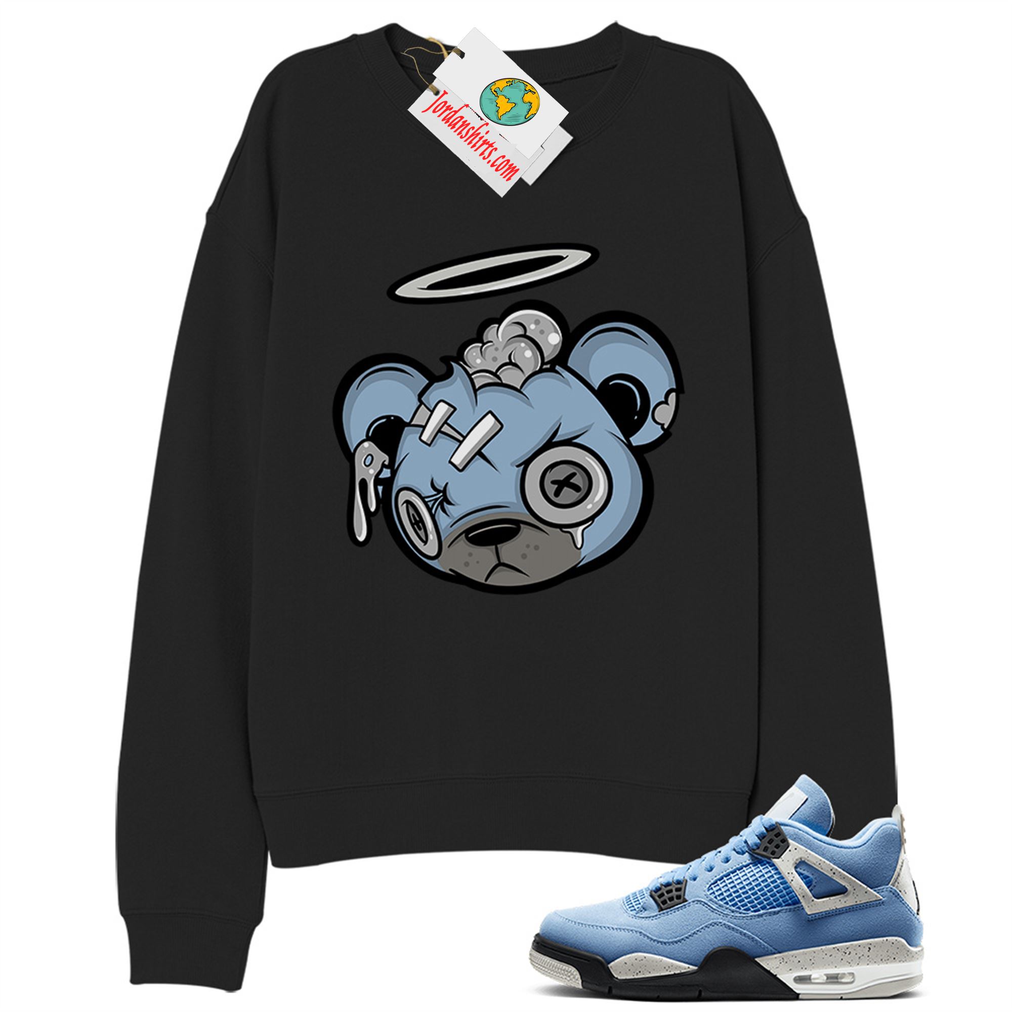Jordan 4 Sweatshirt, Teddy Bear With Angel Ring Black Sweatshirt Air Jordan 4 University Blue 4s Full Size Up To 5xl