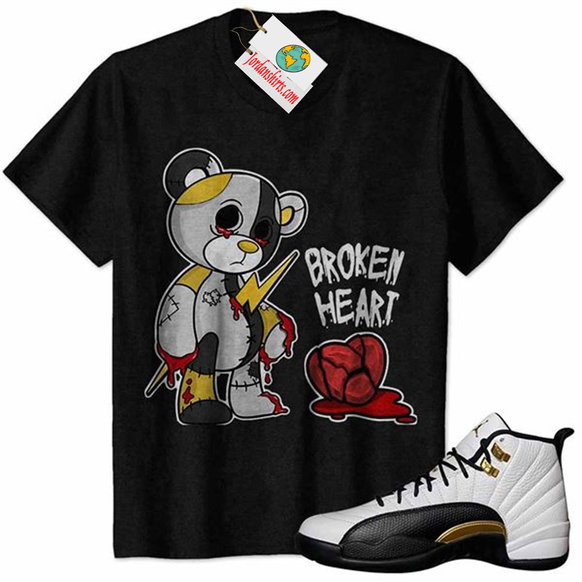 Jordan 12 Shirt, Teddy Broken Heart Black Air Jordan 12 Royalty 12s Full Size Up To 5xl