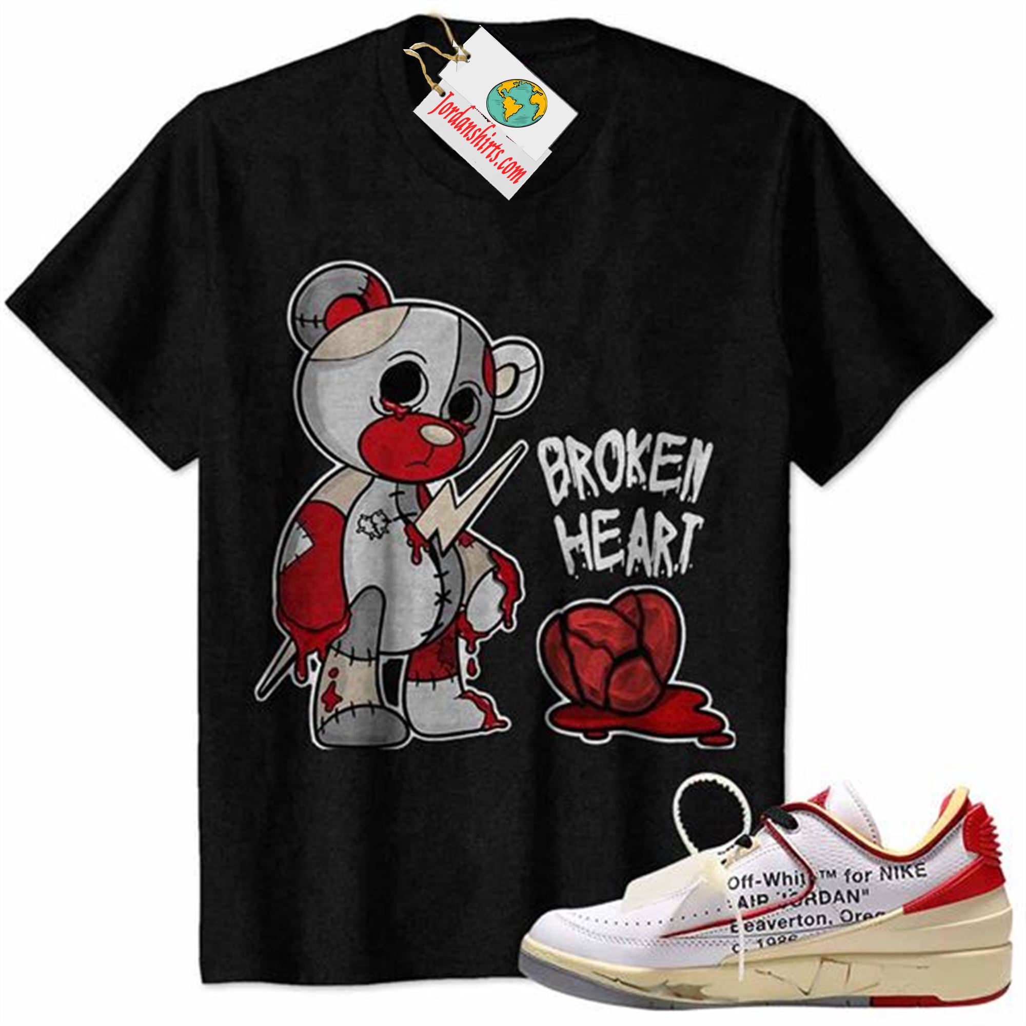 Jordan 2 Shirt, Teddy Broken Heart Black Air Jordan 2 Low White Red Off-white 2s Full Size Up To 5xl