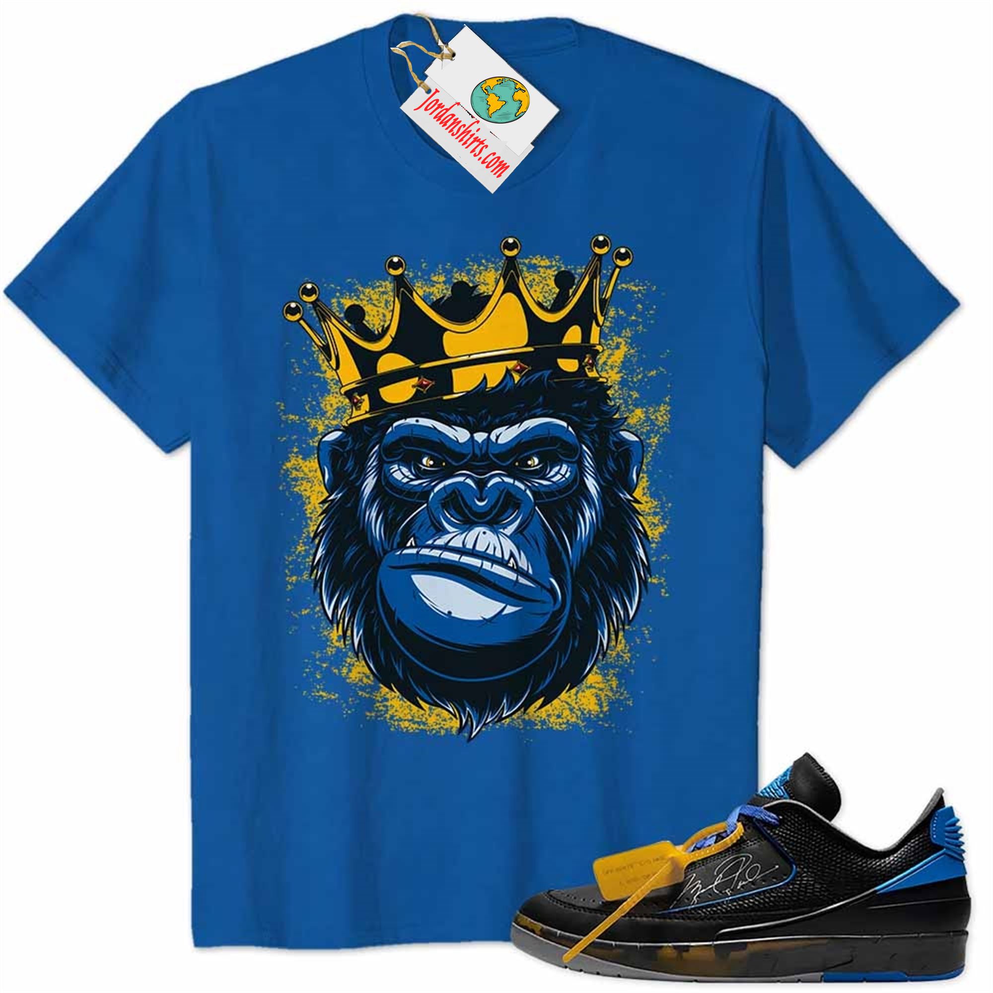 Jordan 2 Shirt, The Gorilla King With Crown Blue Air Jordan 2 Low X Off-white Black And Varsity Royal 2s Plus Size Up To 5xl