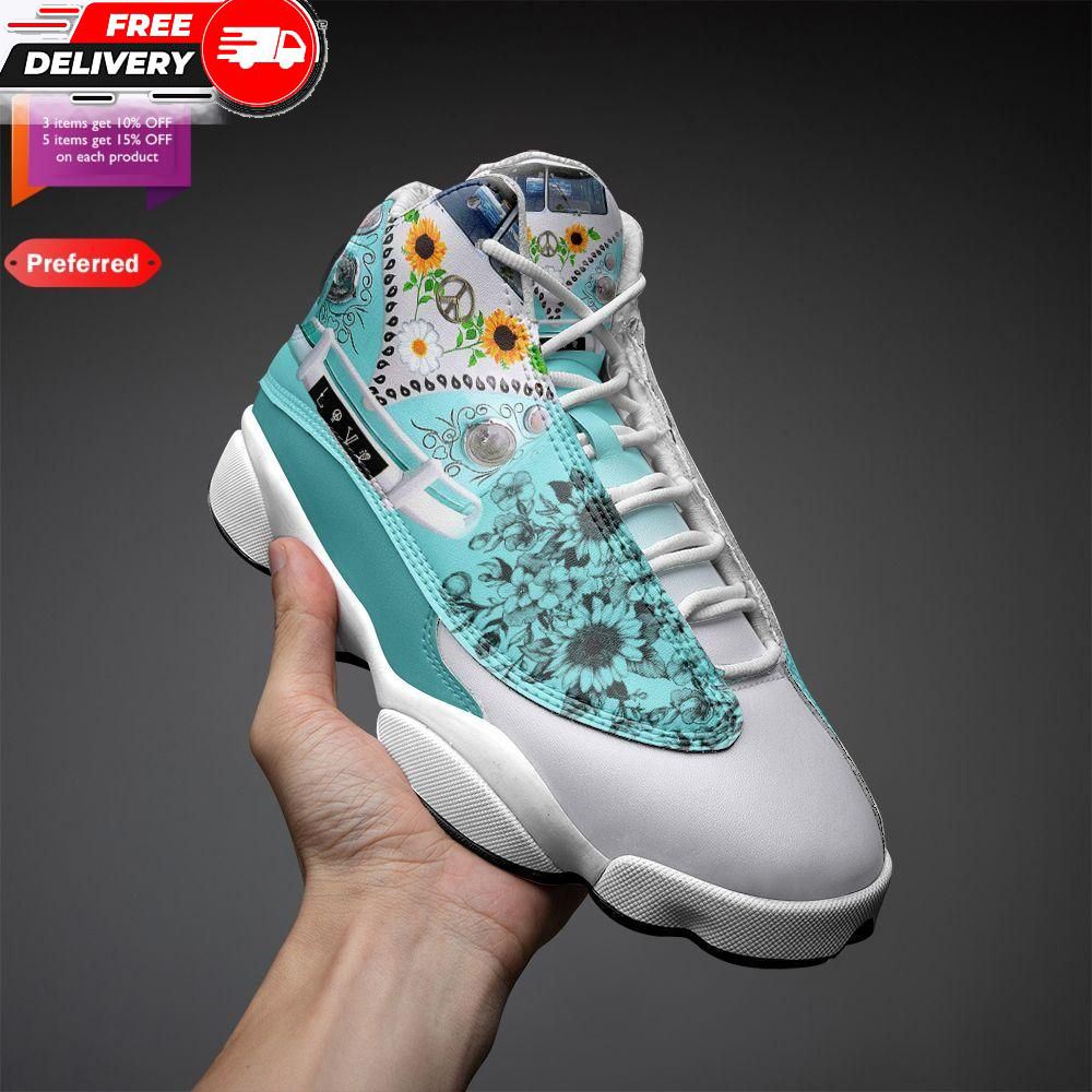 Jordan 13 Sneaker, Blue Flowers Hippie Sneakers J13 Gift For Hippie Fan