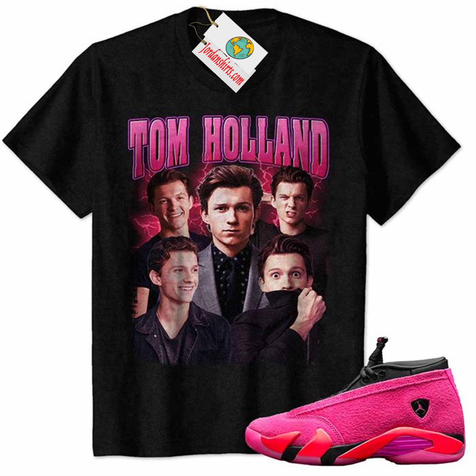 Jordan 14 Shirt, Tom Holland Spider-man No Way Home Marvel Black Air Jordan 14 Wmns Shocking Pink 14s Full Size Up To 5xl