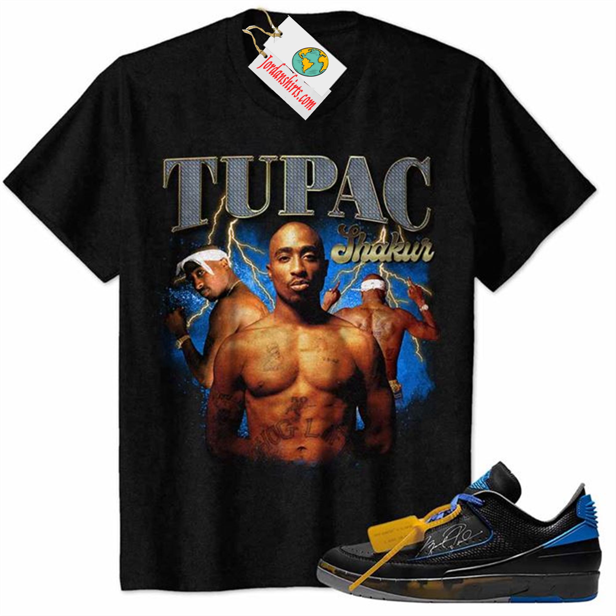 Jordan 2 Shirt, Tupac 2pac Shakur Graphic Black Air Jordan 2 Low X Off-white Black And Varsity Royal 2s Size Up To 5xl