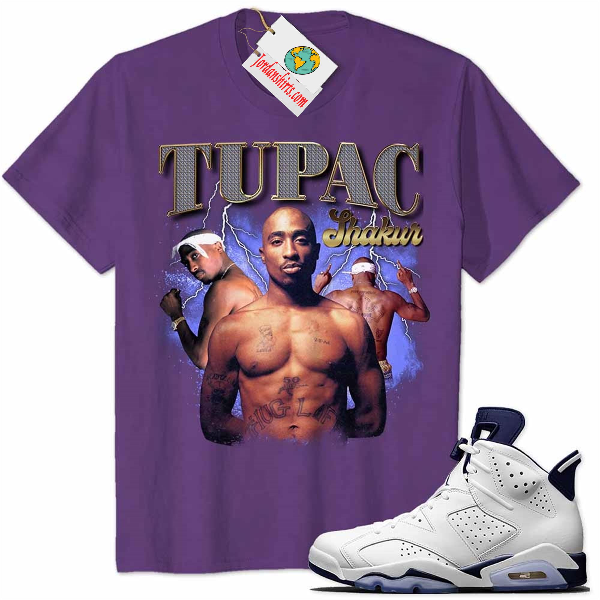 Jordan 6 Shirt, Tupac 2pac Shakur Graphic Purple Air Jordan 6 Midnight Navy 6s Plus Size Up To 5xl