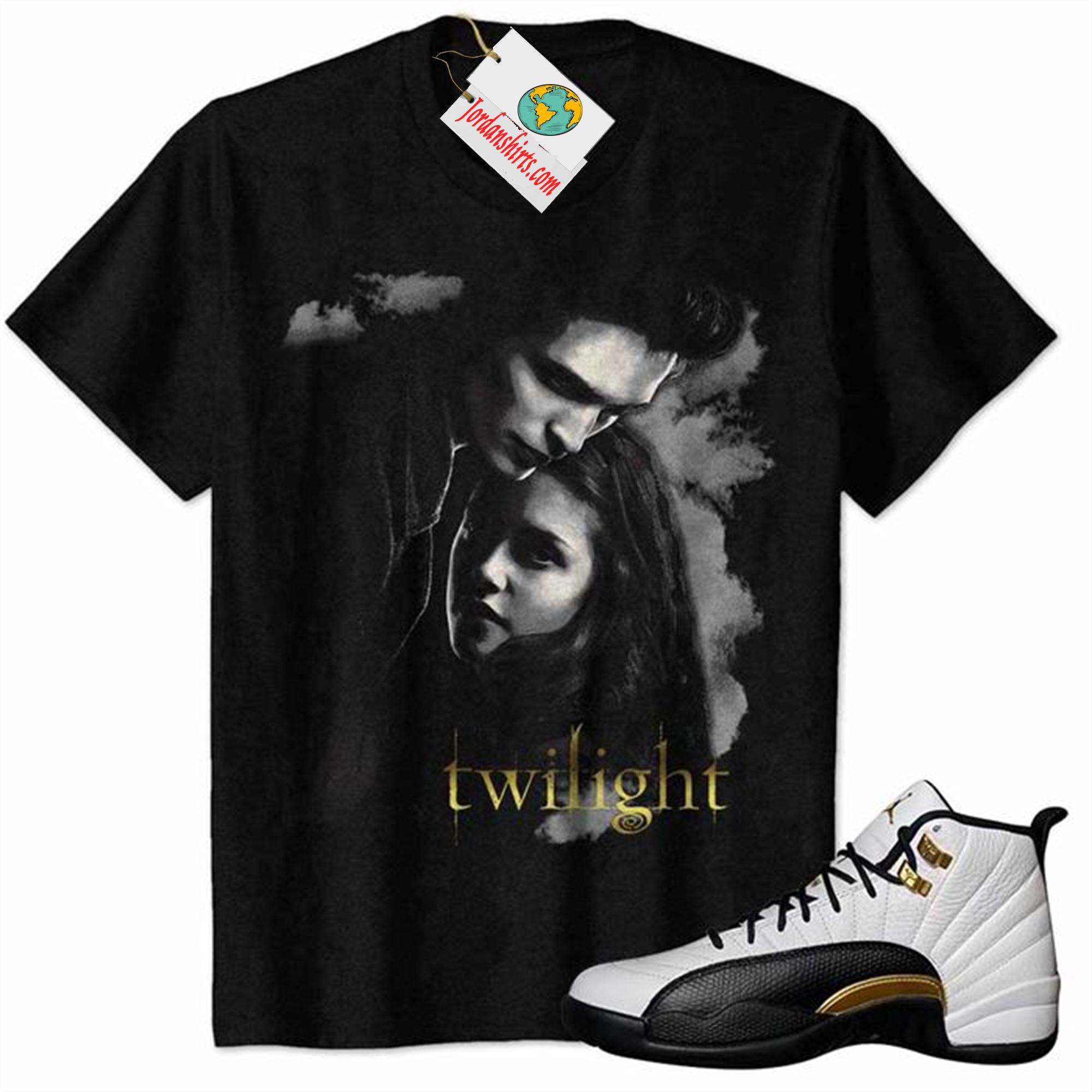 Jordan 12 Shirt, Twilight Saga Edward Cullen And Bella Swan Vintage Black Air Jordan 12 Royalty 12s Size Up To 5xl
