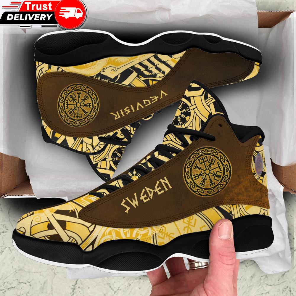 Jd 13 Shoes, Viking Vegvisir Sweden Gold High Top Sneakers Shoes