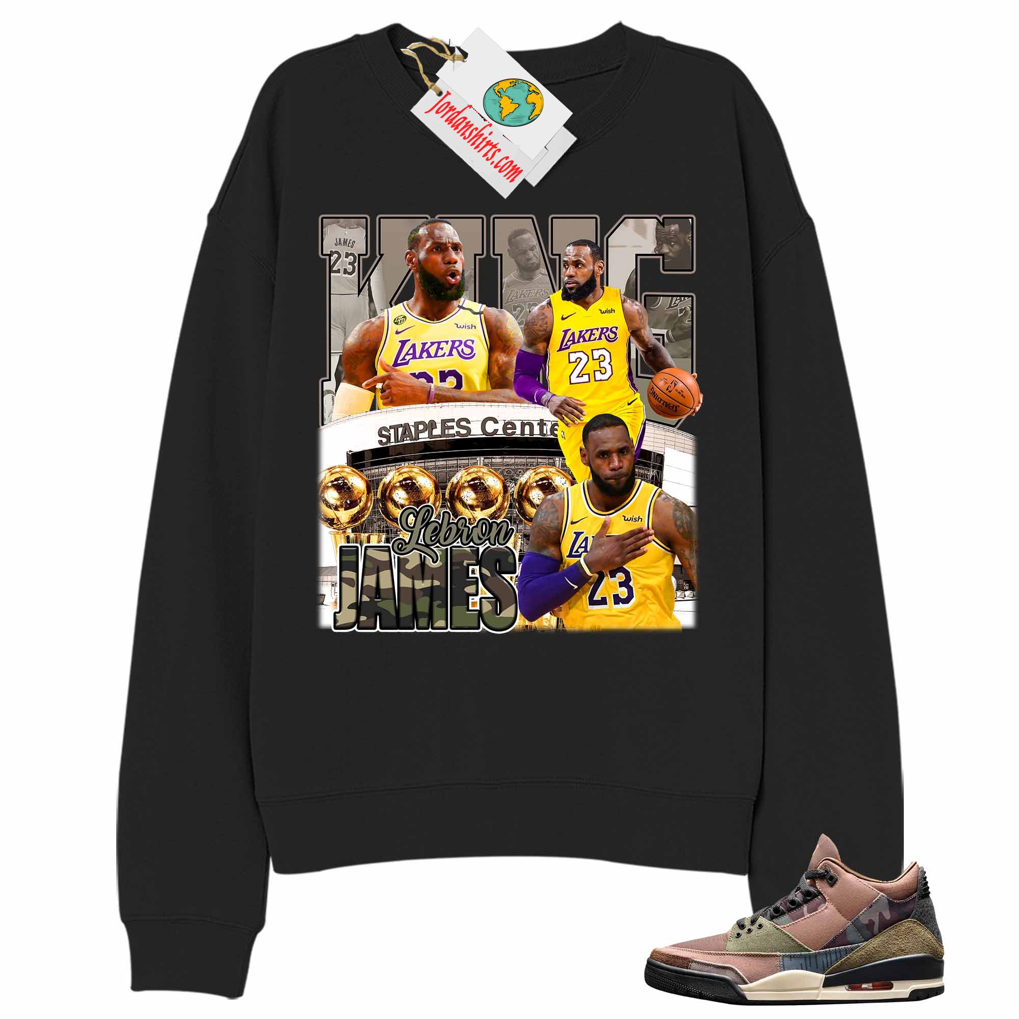 Jordan 3 Sweatshirt, Vintage Basketball Lebron James Black Sweatshirt Air Jordan 3 Camo 3s Full Size Up To 5xl