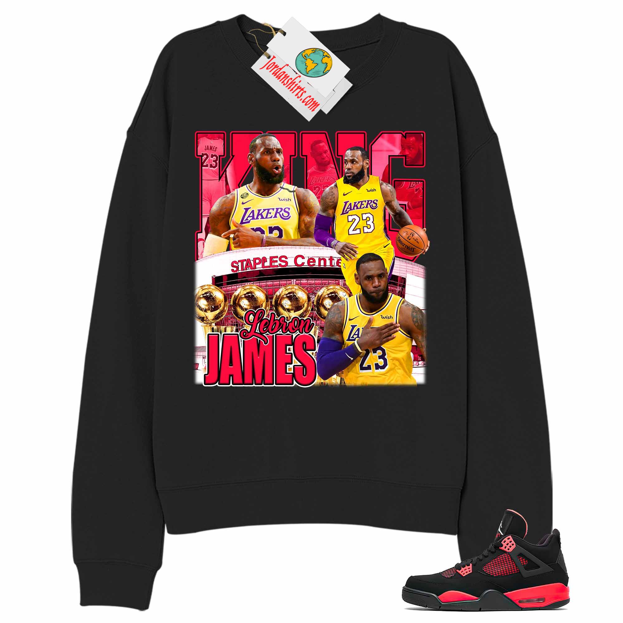 Jordan 4 Sweatshirt, Vintage Basketball Lebron James Black Sweatshirt Air Jordan 4 Red Thunder 4s Size Up To 5xl