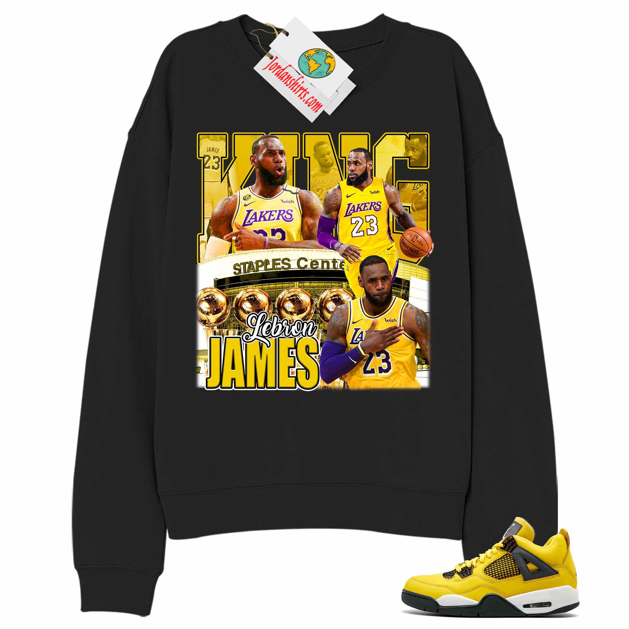 Jordan 4 Sweatshirt, Vintage Basketball Lebron James Black Sweatshirt Air Jordan 4 Tour Yellow Lightning 4s Size Up To 5xl