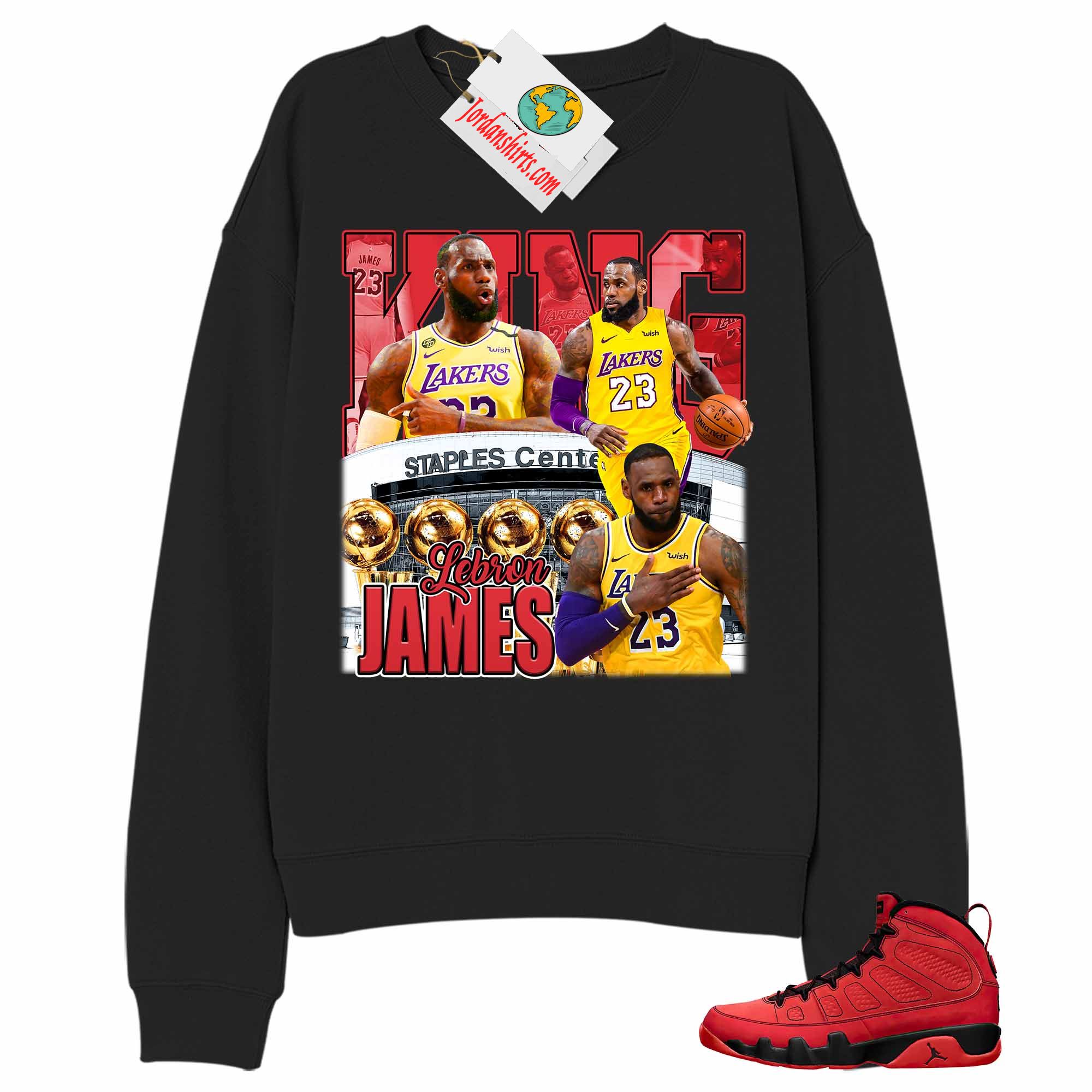 Jordan 9 Sweatshirt, Vintage Basketball Lebron James Black Sweatshirt Air Jordan 9 Chile Red 9s Size Up To 5xl