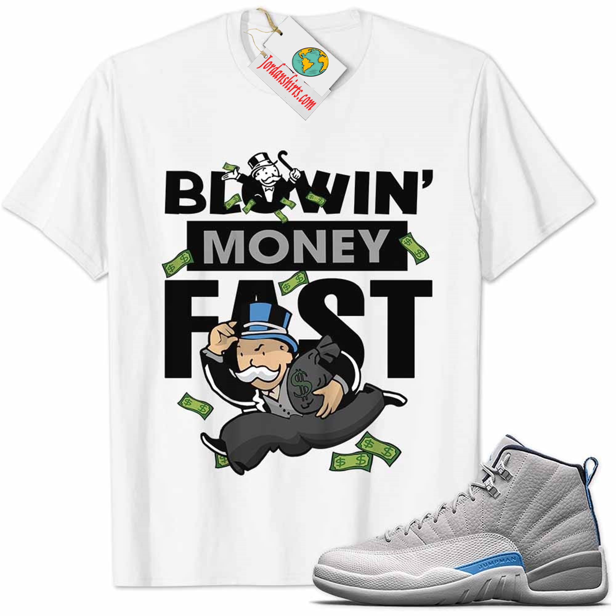 Jordan 12 Shirt, Wolf Grey 12s Shirt Blowin Money Fast Mr Monopoly White Full Size Up To 5xl