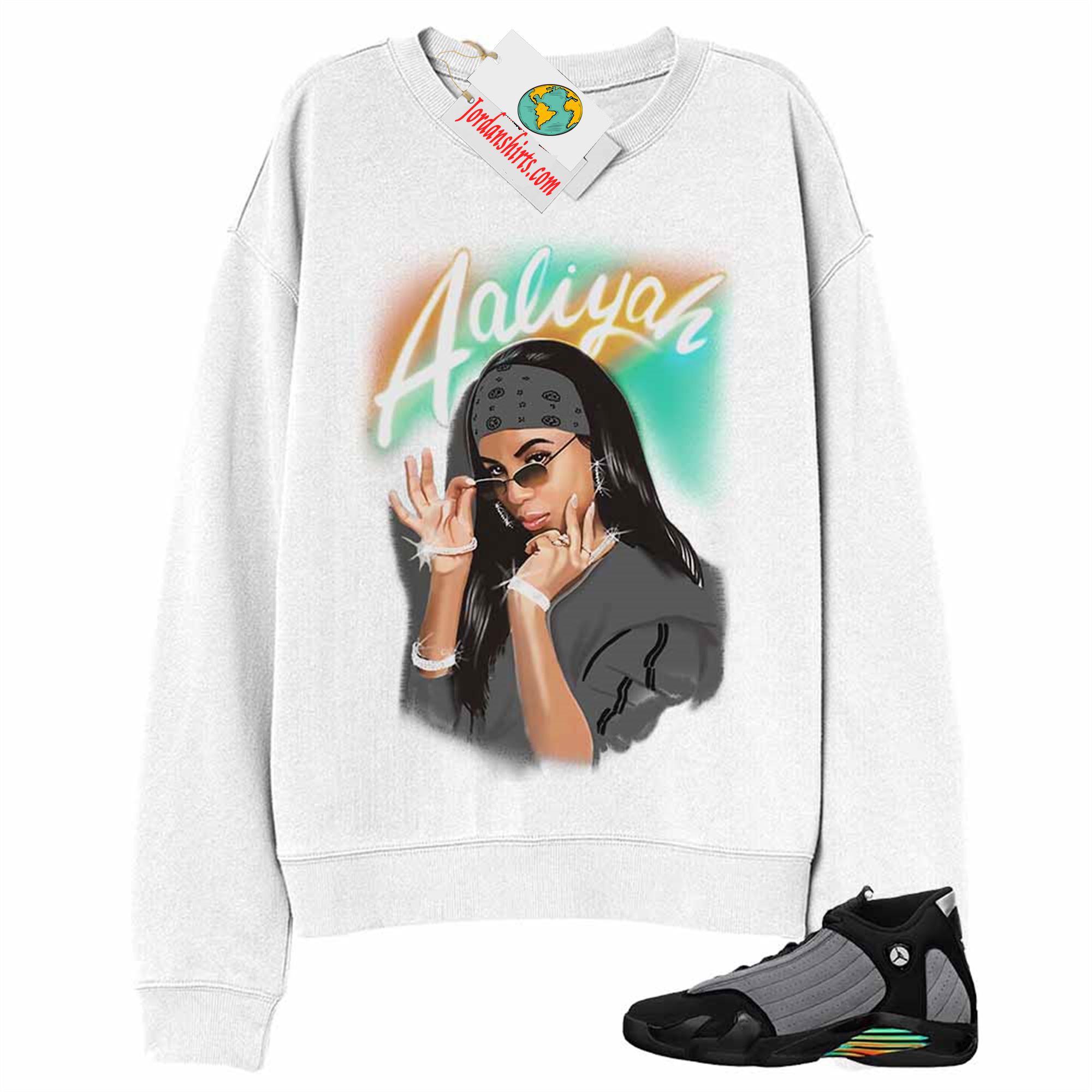 Jordan 14 Sweatshirt, Aaliyah Airbrush White Sweatshirt Air Jordan 14 Black Particle Grey 14s Full Size Up To 5xl