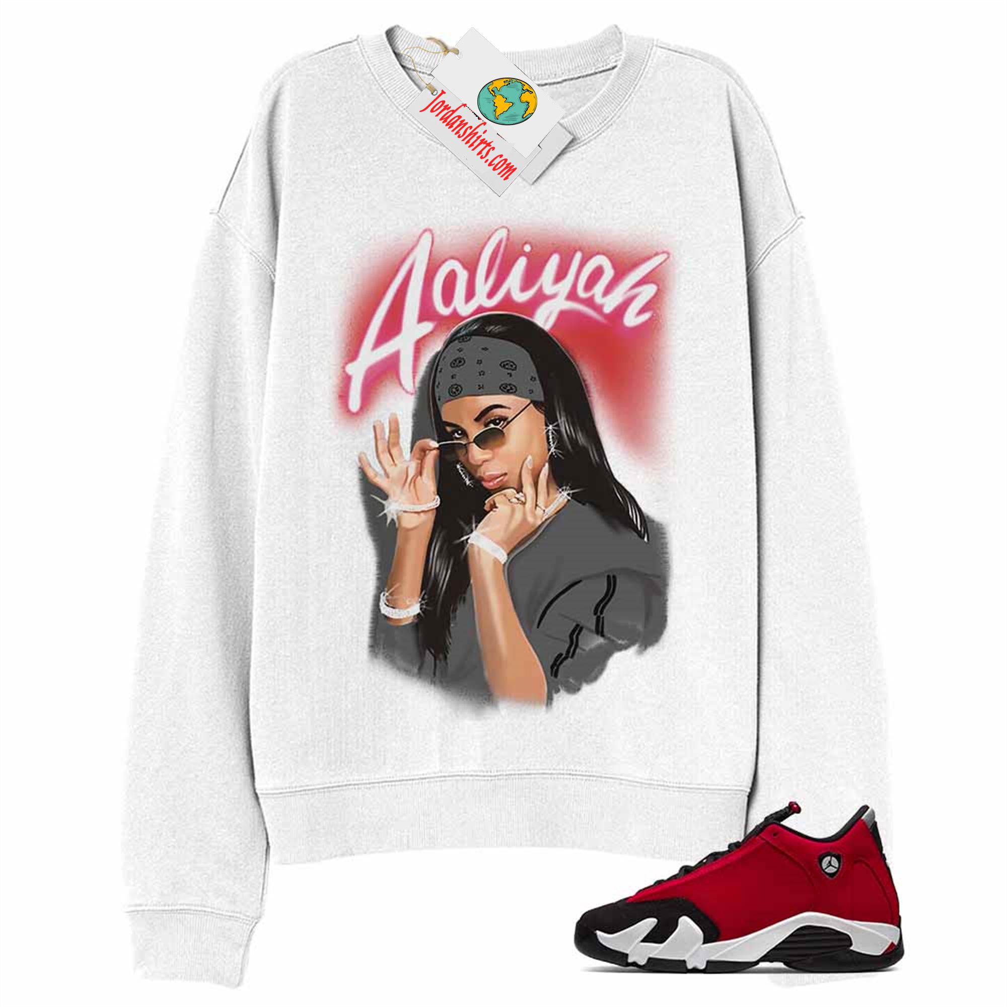 Jordan 14 Sweatshirt, Aaliyah Airbrush White Sweatshirt Air Jordan 14 Gym Red 14s Plus Size Up To 5xl