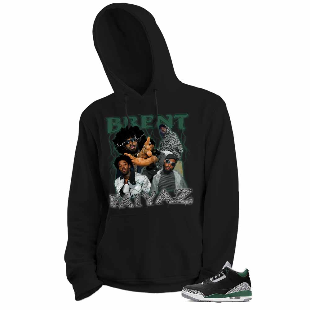 Jordan 3 Hoodie, Brent Faiyaz Retro Vintage 90s Hip Hop Raptees Black Hoodie Air Jordan 3 Pine Green 3s Plus Size Up To 5xl