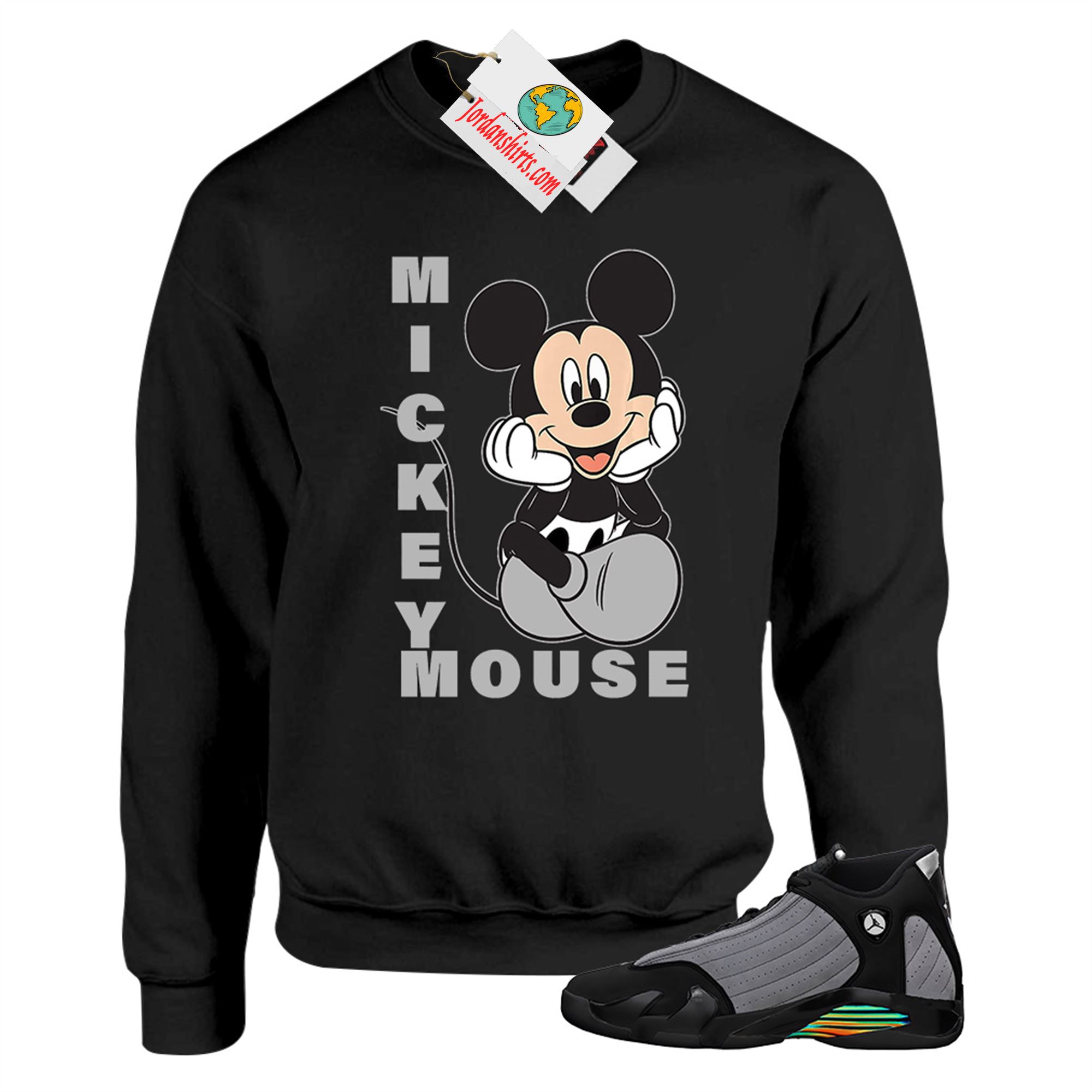 Jordan 14 Sweatshirt, Disney Mickey Mouse Hands In Face Black Sweatshirt Air Jordan 14 Black Particle Grey 14s Full Size Up To 5xl