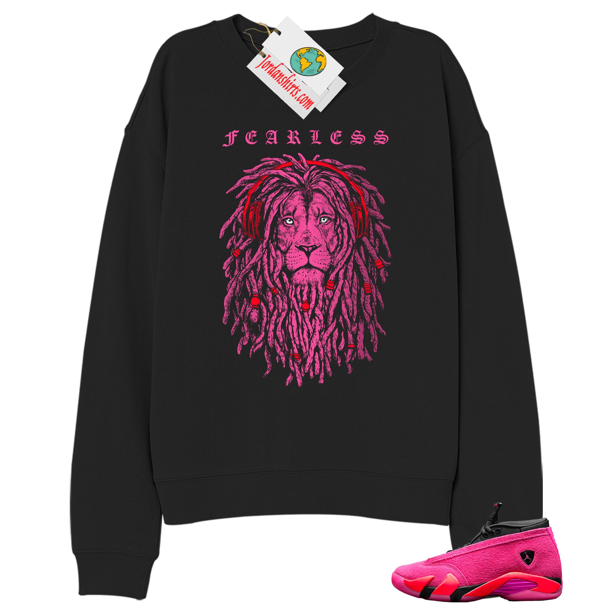 Jordan 14 Sweatshirt, Fearless Lion Black Sweatshirt Air Jordan 14 Wmns Shocking Pink 14s Plus Size Up To 5xl