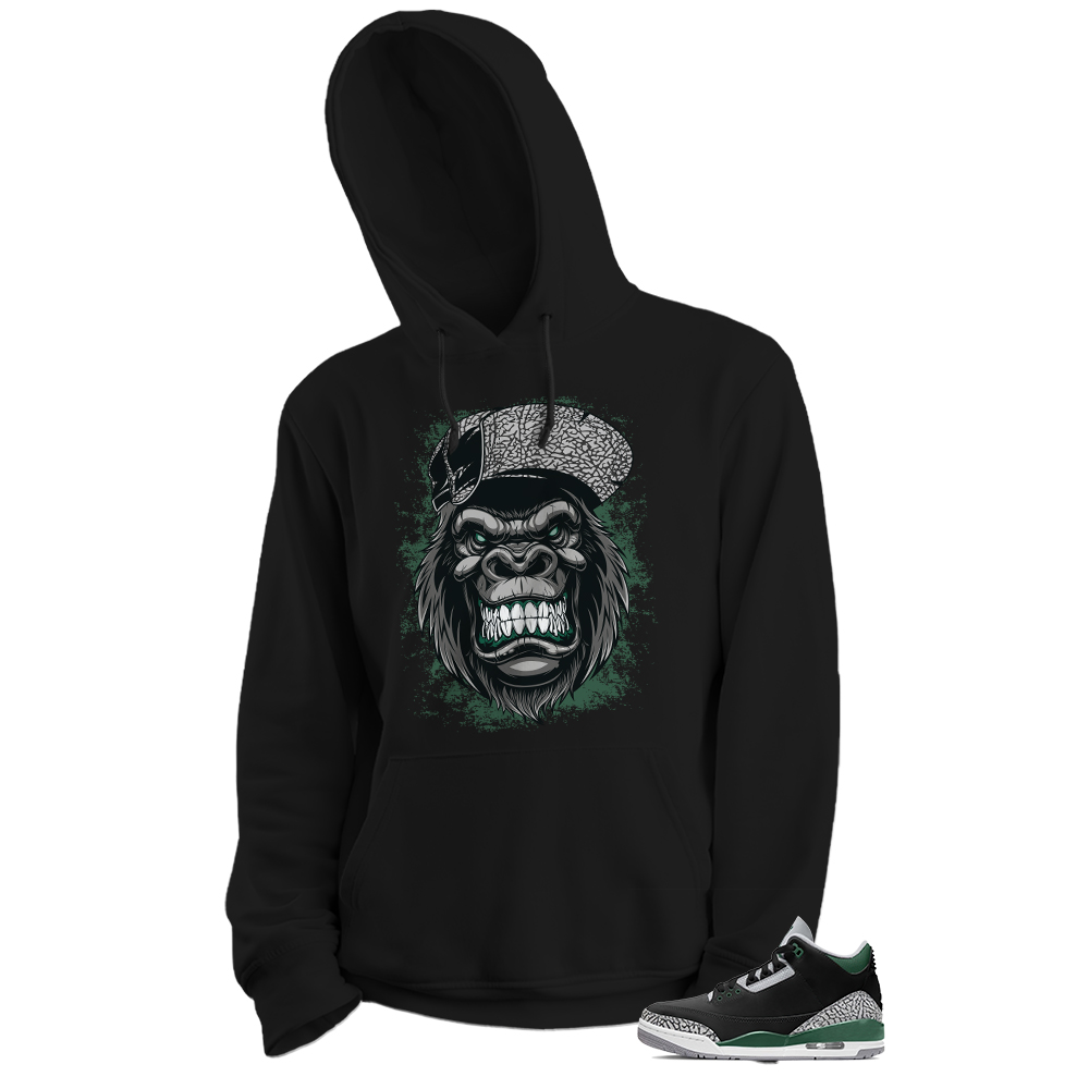 Jordan 3 Hoodie, Ferocious Gorilla Black Hoodie Air Jordan 3 Pine Green 3s Full Size Up To 5xl