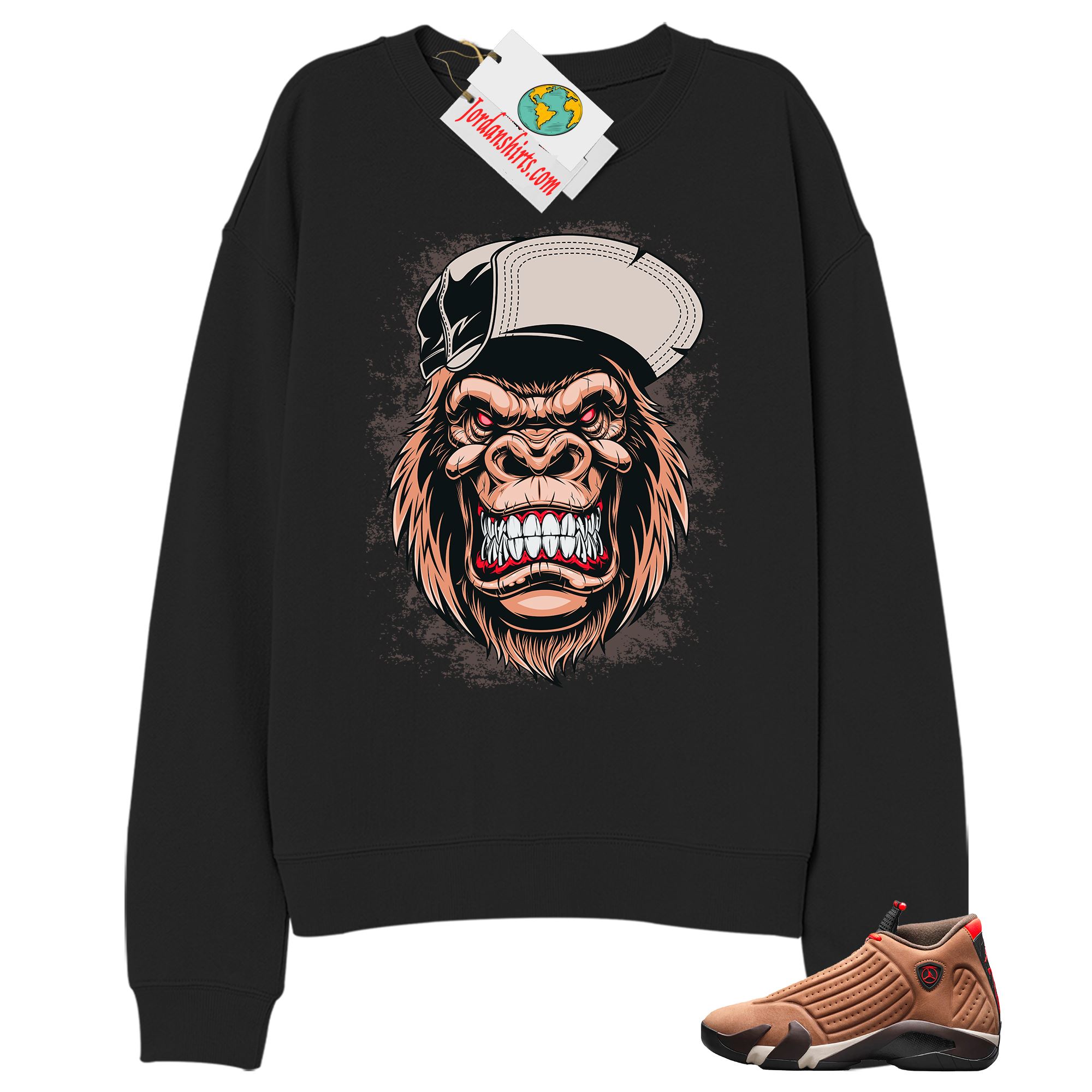 Jordan 14 Sweatshirt, Ferocious Gorilla Black Sweatshirt Air Jordan 14 Winterized 14s Full Size Up To 5xl