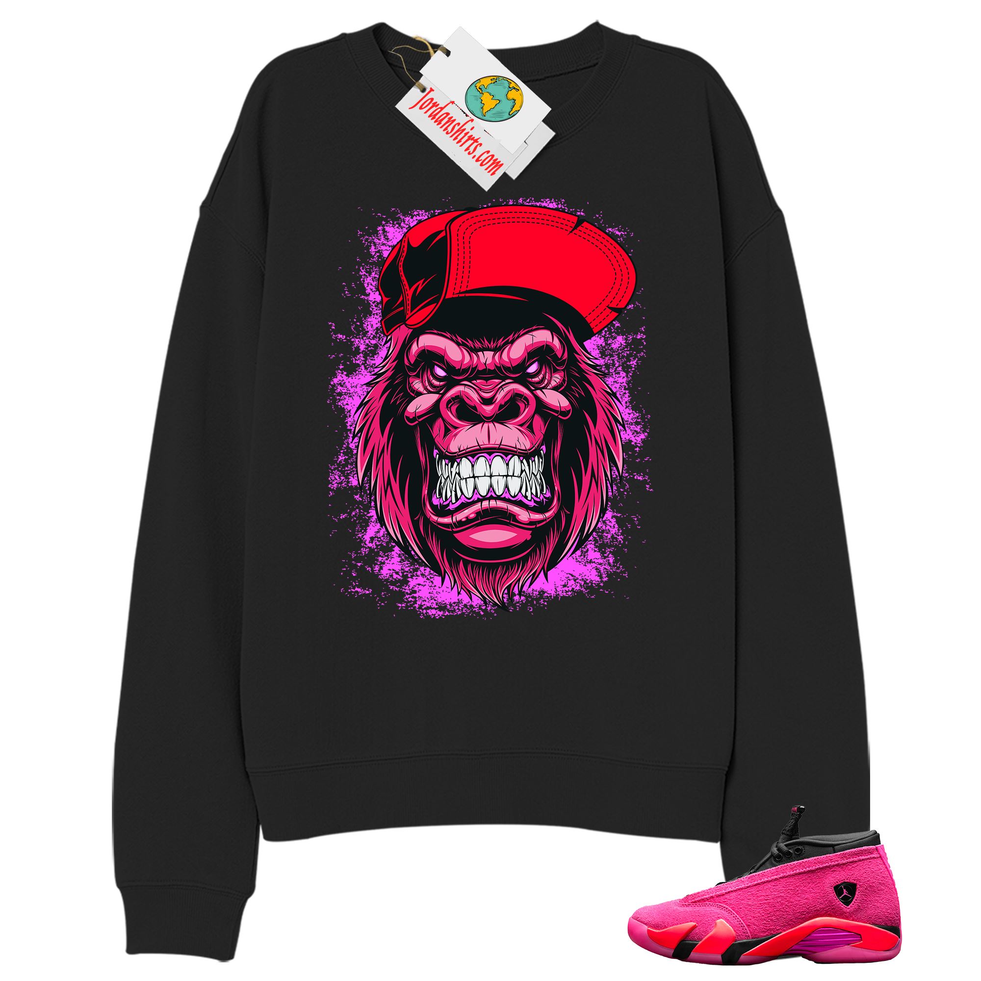 Jordan 14 Sweatshirt, Ferocious Gorilla Black Sweatshirt Air Jordan 14 Wmns Shocking Pink 14s Full Size Up To 5xl