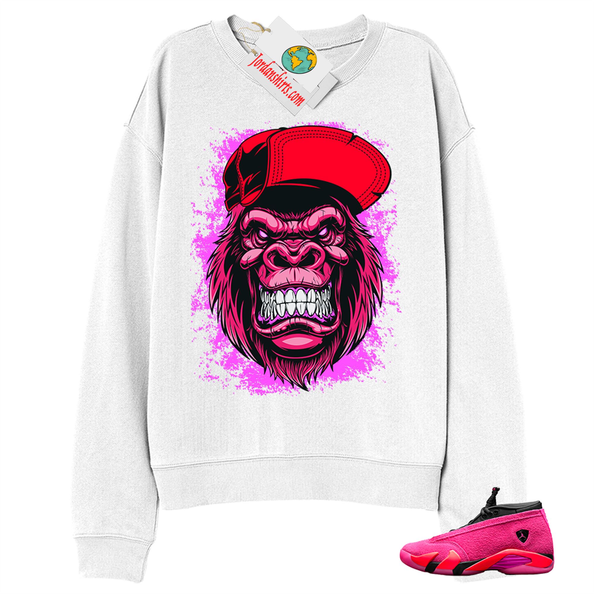 Jordan 14 Sweatshirt, Ferocious Gorilla White Sweatshirt Air Jordan 14 Wmns Shocking Pink 14s Size Up To 5xl