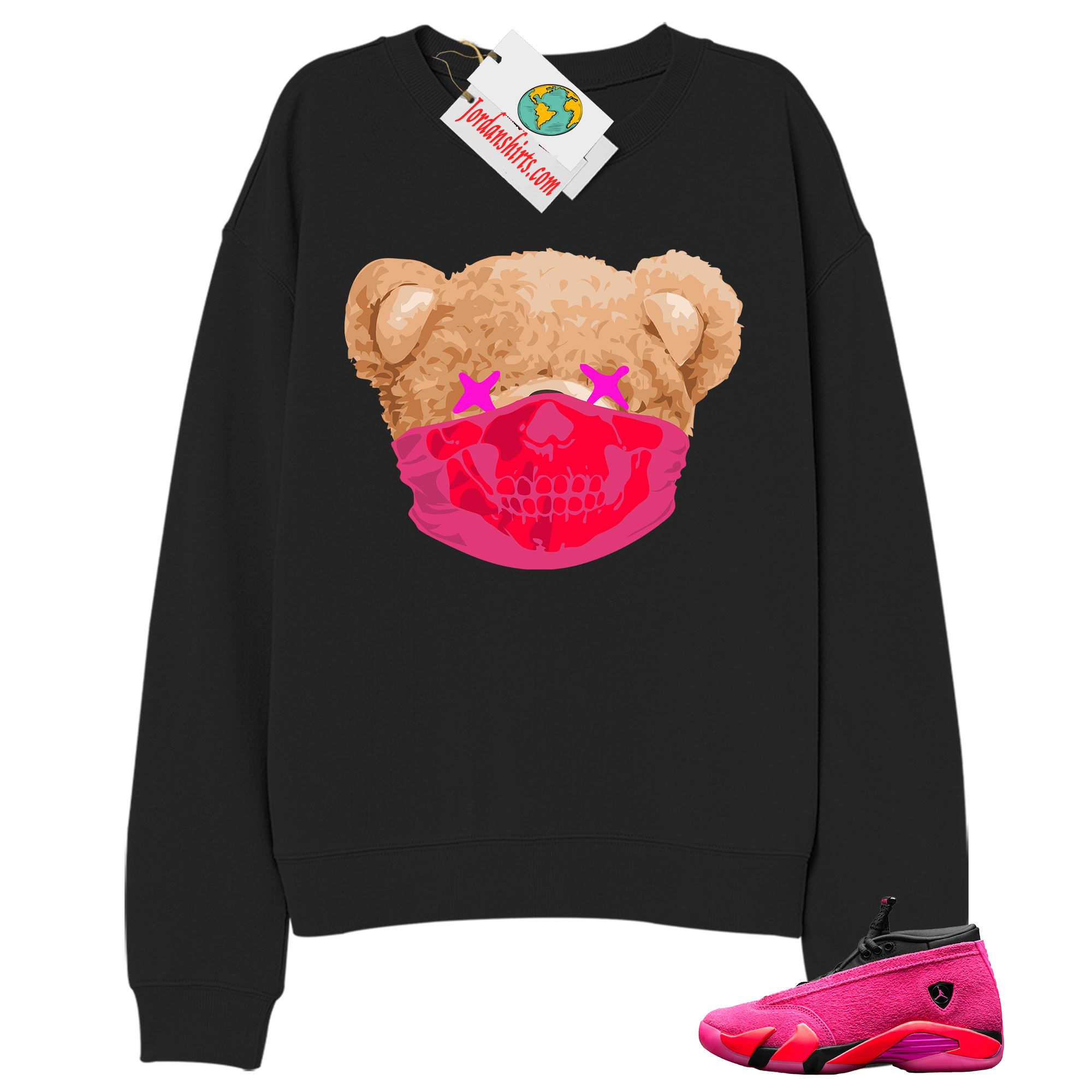 Jordan 14 Sweatshirt, Teddy Bear Skull Bandana Black Sweatshirt Air Jordan 14 Wmns Shocking Pink 14s Size Up To 5xl