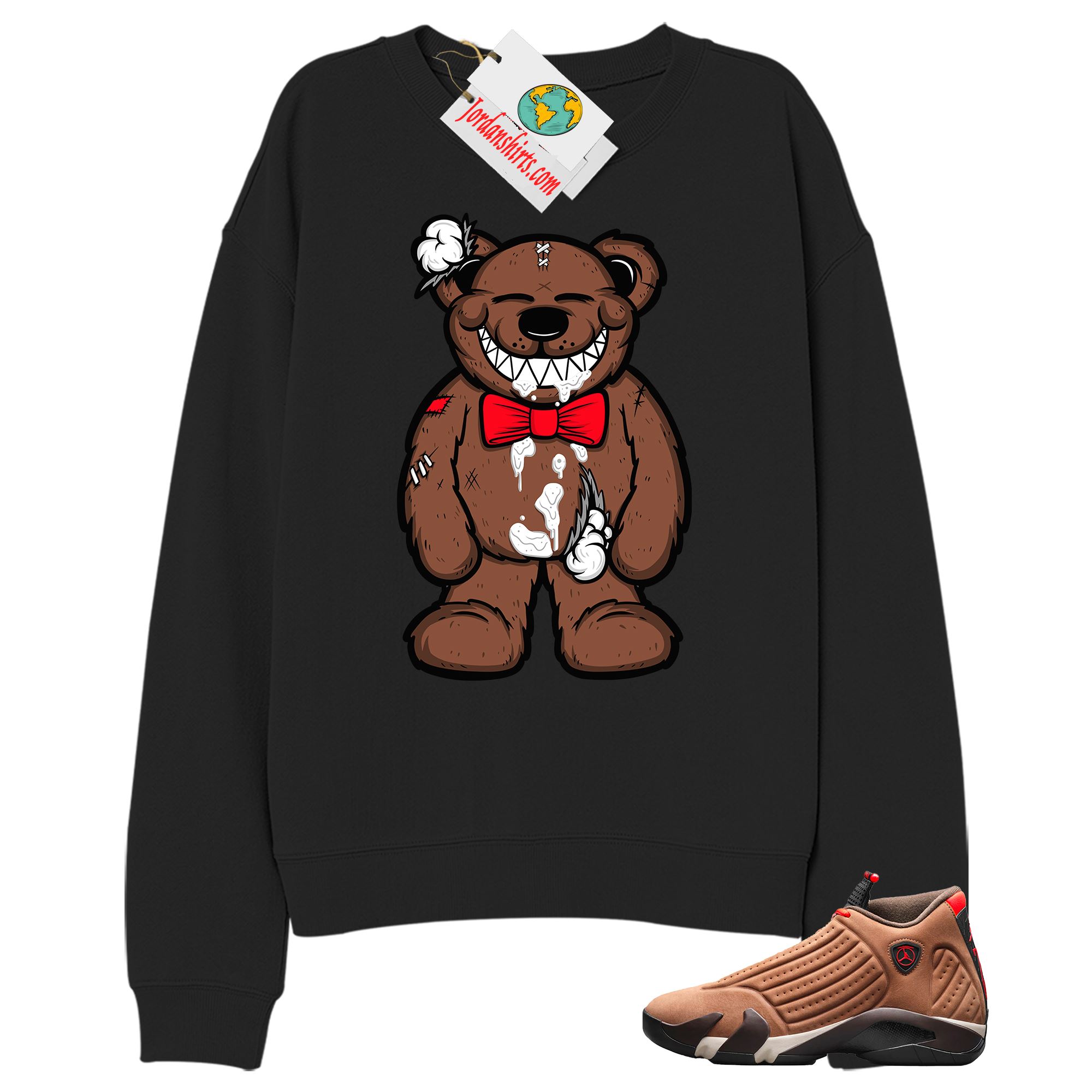 Jordan 14 Sweatshirt, Teddy Bear Smile Black Sweatshirt Air Jordan 14 Winterized 14s Plus Size Up To 5xl