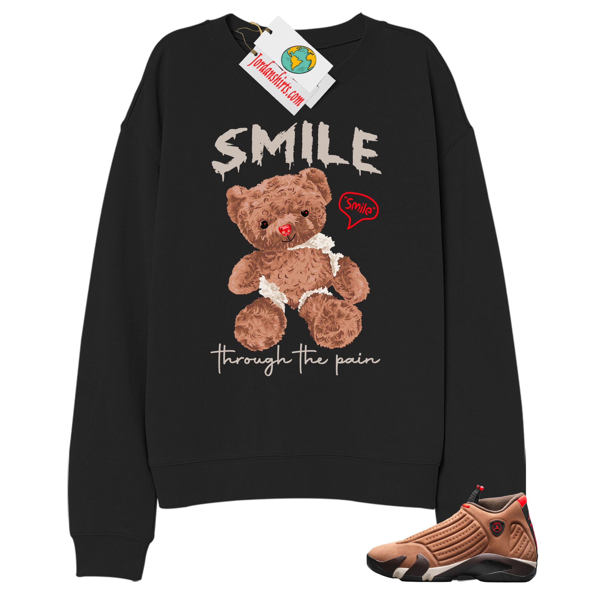 Jordan 14 Sweatshirt, Teddy Bear Smile Pain Black Sweatshirt Air Jordan 14 Winterized 14s Full Size Up To 5xl